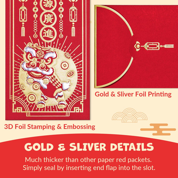 Chinese New Year Red Envelopes, 36-Count Chinese Red Packets, Hong Bao with 2 Gold Foil Designs, Gift Money Envelopes, Lion Dance
