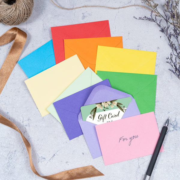 Gift Card Envelopes - Gummed 100-Count Mini Envelopes, Paper Business Card Envelopes, Bulk Tiny Envelope Pockets for Small Note Cards, 10 Colors, 4 x 2.7 Inches