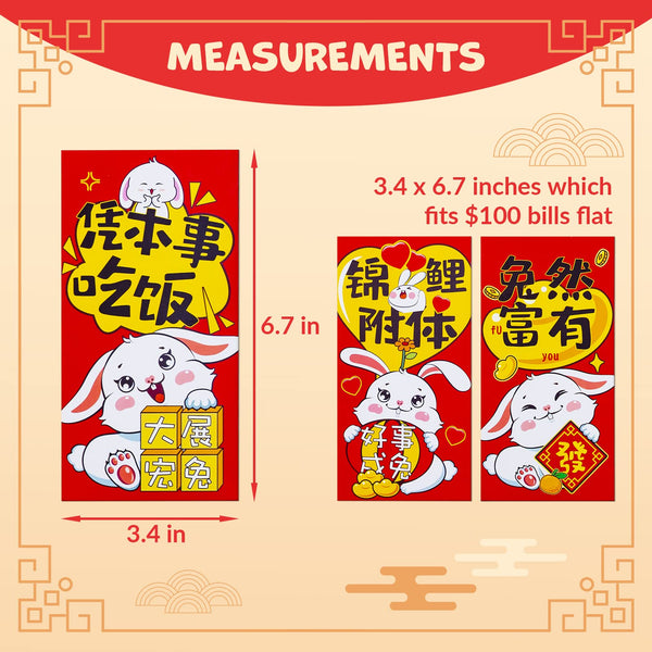 Chinese New Year Red Envelopes, 30-Count Chinese Red Packets, Hong Bao with 6 Rabbit Designs, Gift Money Envelopes, 2023 Year of the Rabbit