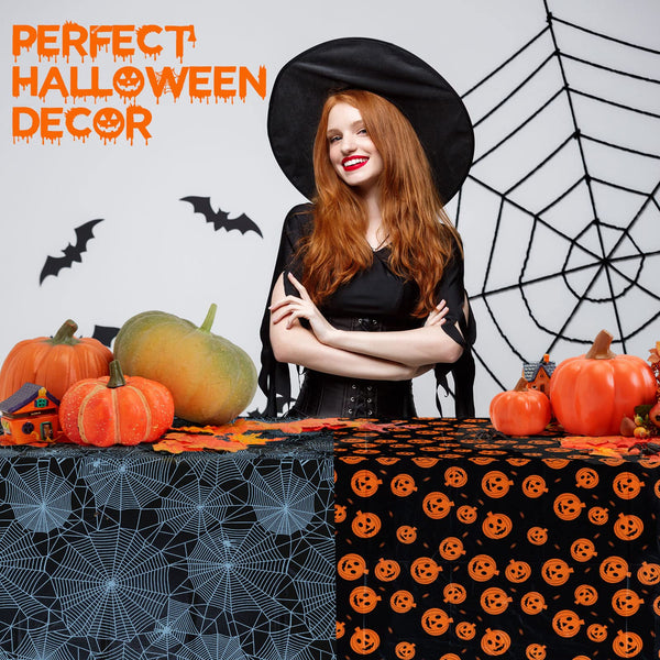 Confettiville Halloween Tablecloth, 2-Pack Disposable Halloween Table Cloths, Pumpkins and Spider Web Plastic Table Covers, 54 x 108 Inches, Halloween Party Decorations