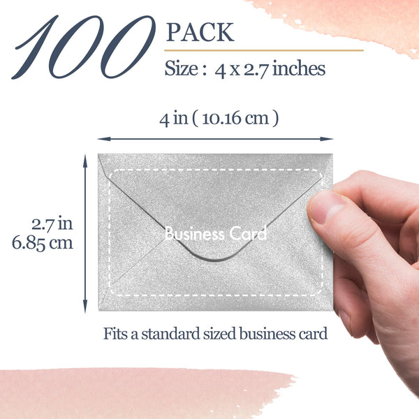 Gift Card Envelopes - 100-Count Mini Envelopes, Paper Business Card Envelopes, Bulk Tiny Envelope Pockets for Small Note Cards, Silver, 4 x 2.7 Inches