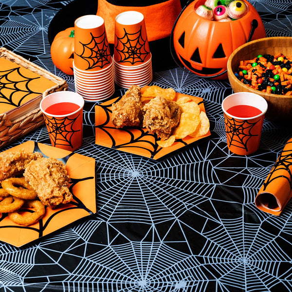 Confettiville Halloween Tablecloth, 6-Pack Disposable Halloween Table Cloths, Pumpkins and Spider Web Plastic Table Covers, 54 x 108 Inches, Halloween Party Decorations