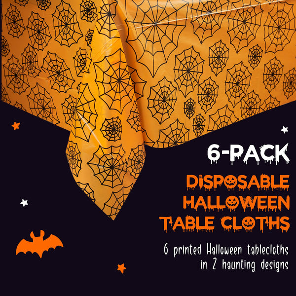 MATICAN Halloween Tablecloth, 6-Pack Disposable Halloween Table Cloths, Bats and Spider Web Plastic Table Covers, 54 x 108 Inches, Halloween Party Decorations
