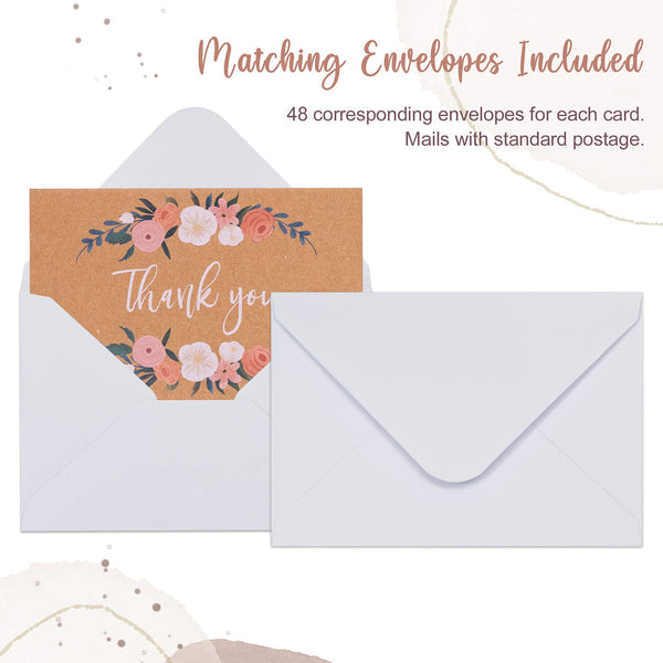 MATICAN Thank You Cards with Envelopes, 48-Count Thank You Notes, 6 Floral Designs, 4 x 6 Inches, Blank Inside Thank You Cards Bulk for Weddings, Bridal Showers, Baby Showers
